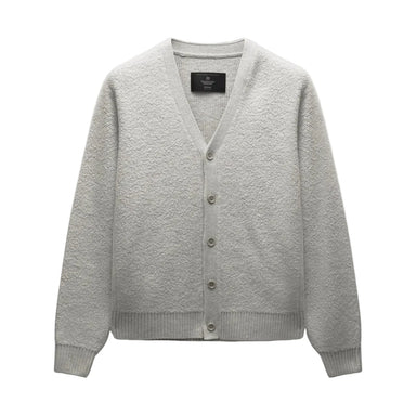 A light gray textured knit cardigan sweater with a V-neck, button-front closure, and ribbed cuffs and hem, shown against a light gray background.