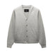 A light gray textured knit cardigan sweater with a V-neck, button-front closure, and ribbed cuffs and hem, shown against a light gray background.