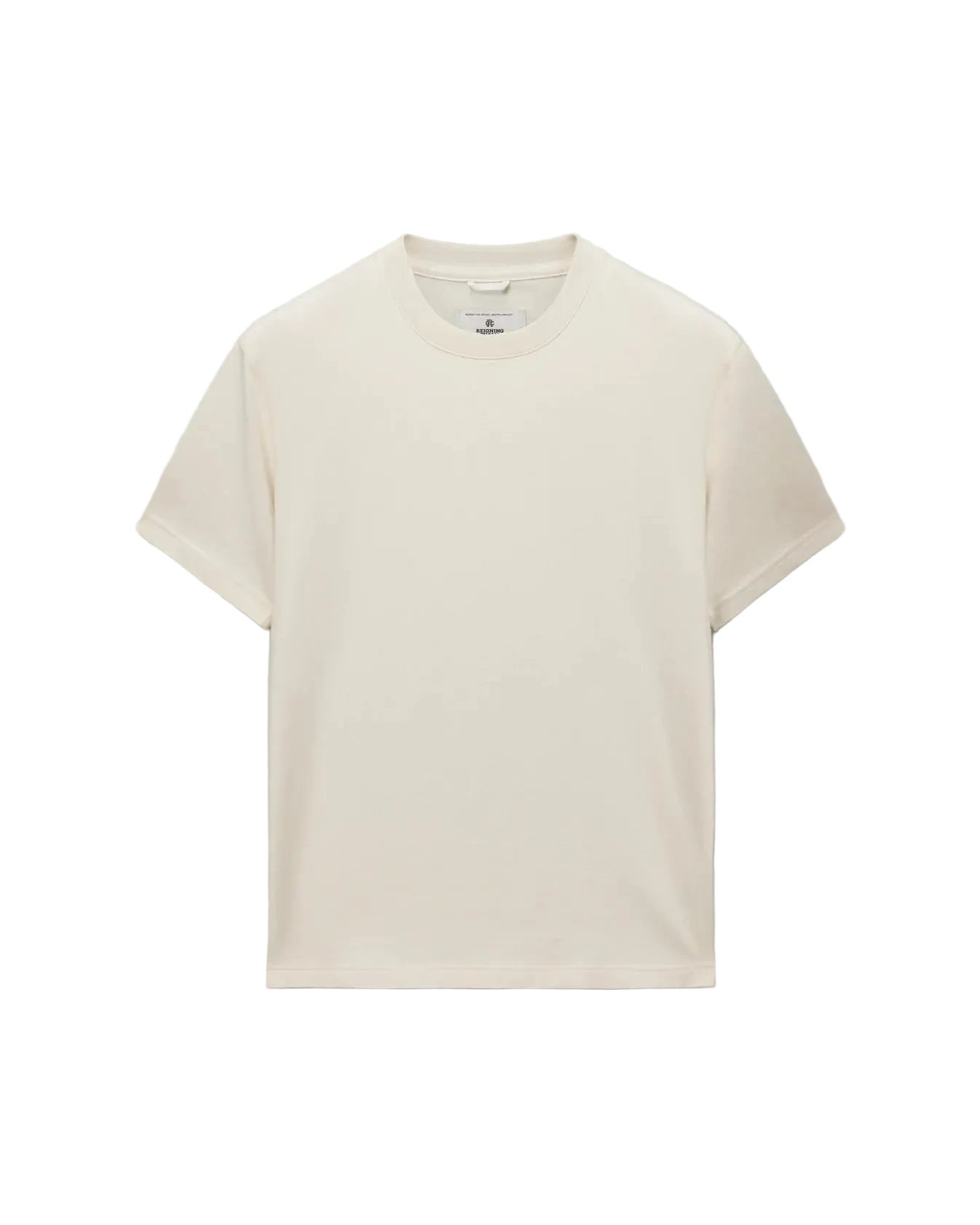 A plain cream-colored short-sleeve crewneck t-shirt, photographed flat against a light gray background.