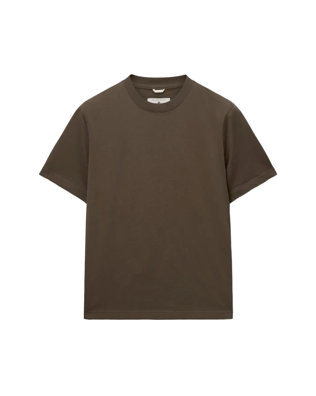 A plain short-sleeve crewneck t-shirt in a solid dark brown color, presented flat against a light gray background.