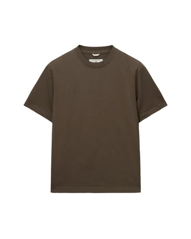 A plain short-sleeve crewneck t-shirt in a solid dark brown color, presented flat against a light gray background.