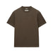 A plain short-sleeve crewneck t-shirt in a solid dark brown color, presented flat against a light gray background.