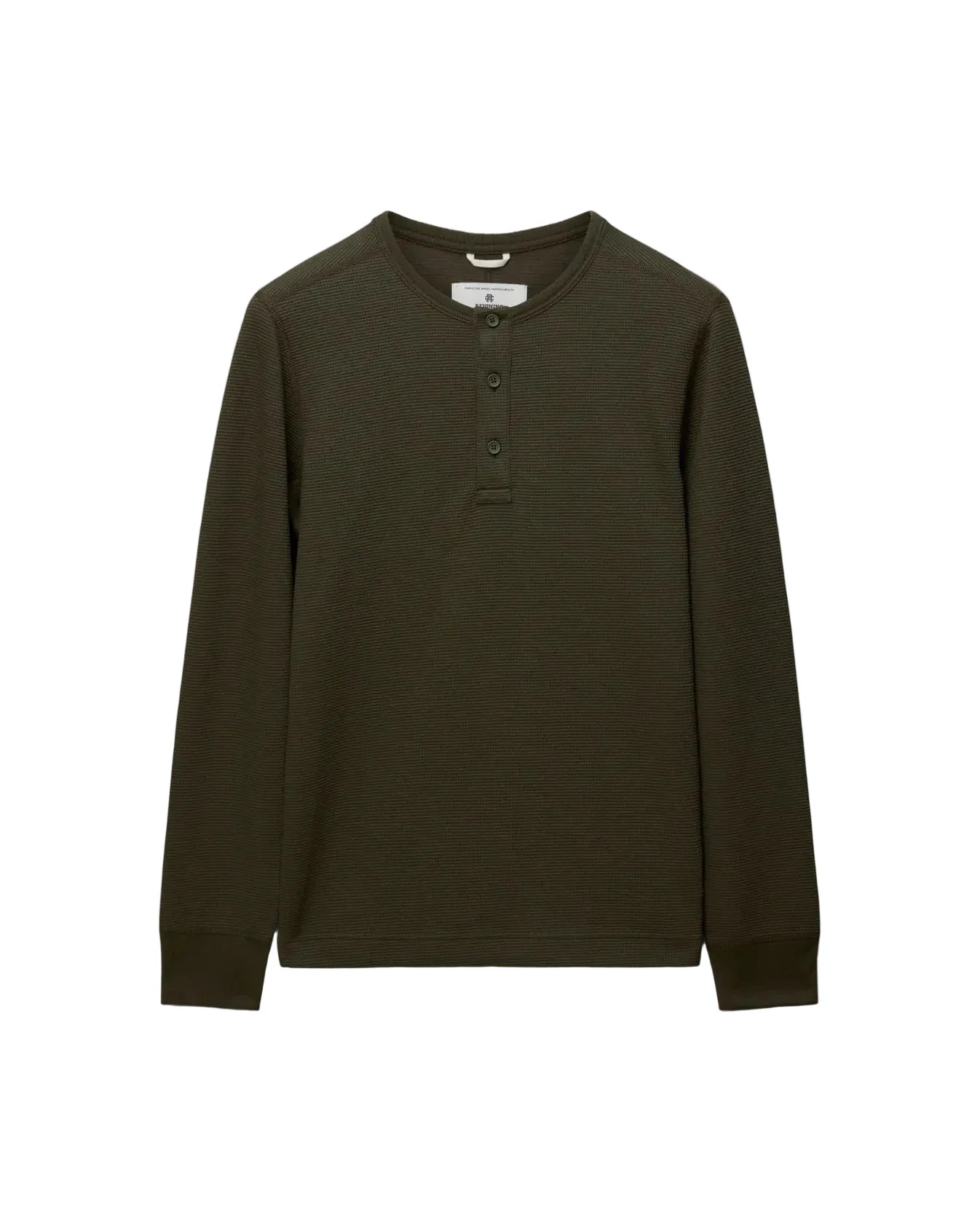 An olive green long-sleeve henley shirt with a three-button placket, displayed flat against a light gray background.