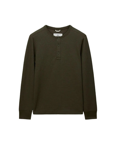 An olive green long-sleeve henley shirt with a three-button placket, displayed flat against a light gray background.