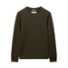 An olive green long-sleeve henley shirt with a three-button placket, displayed flat against a light gray background.
