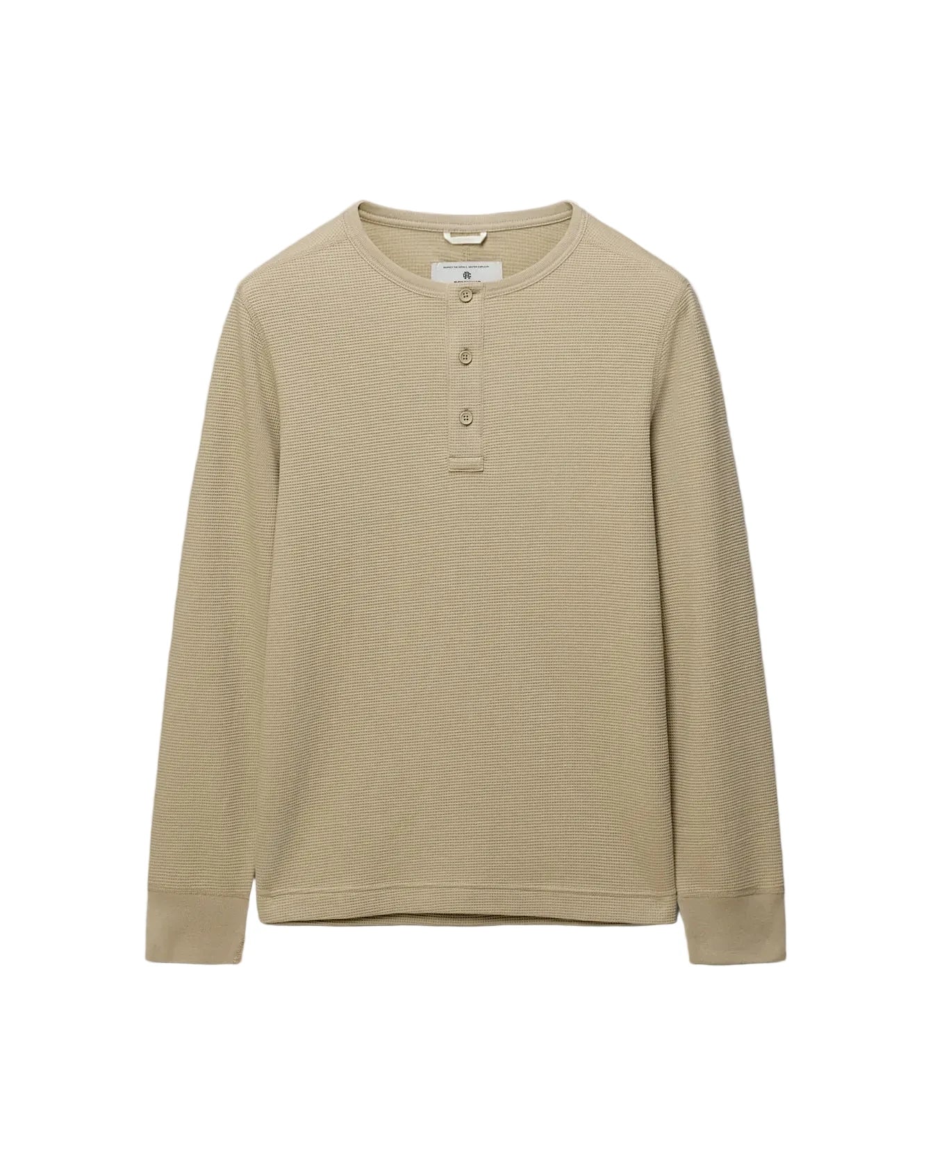 A beige long-sleeve henley shirt with a three-button placket, displayed flat against a light gray background.