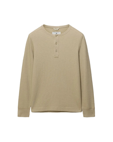 A beige long-sleeve henley shirt with a three-button placket, displayed flat against a light gray background.