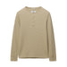 A beige long-sleeve henley shirt with a three-button placket, displayed flat against a light gray background.