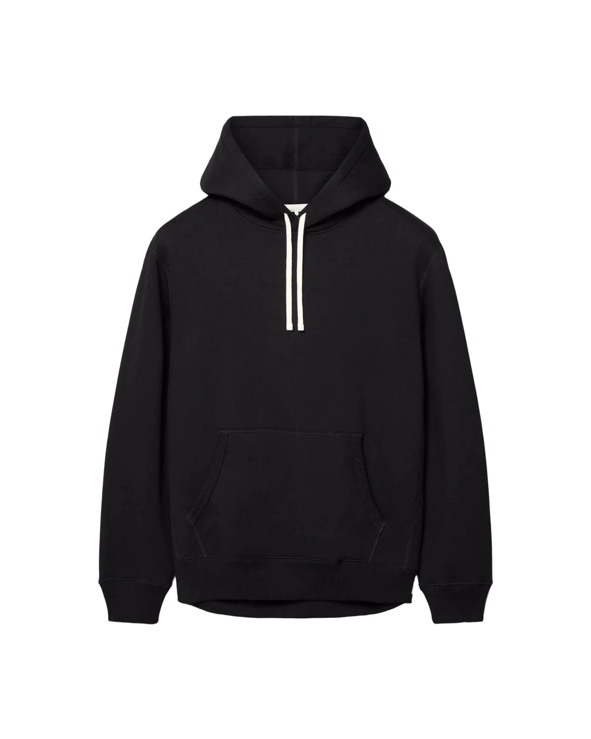 A black pullover hoodie with a front kangaroo pocket and a double white drawstring, displayed against a light gray background.