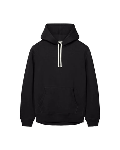 A black pullover hoodie with a front kangaroo pocket and a double white drawstring, displayed against a light gray background.
