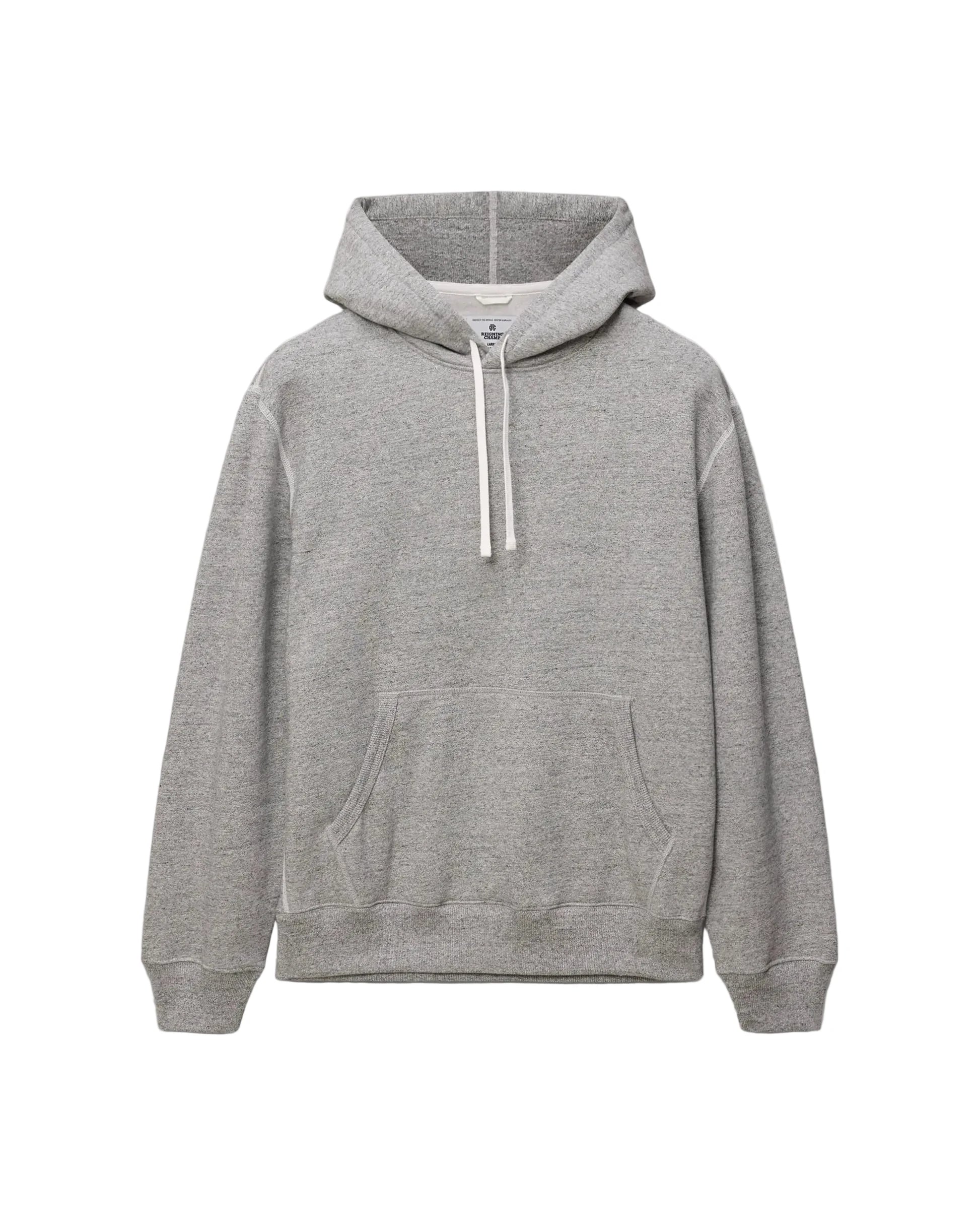 A light gray heathered pullover hoodie with white drawstrings, displayed flat against a light gray background.