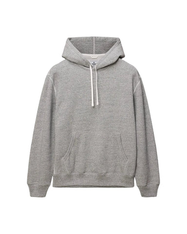A light gray heathered pullover hoodie with white drawstrings, displayed flat against a light gray background.