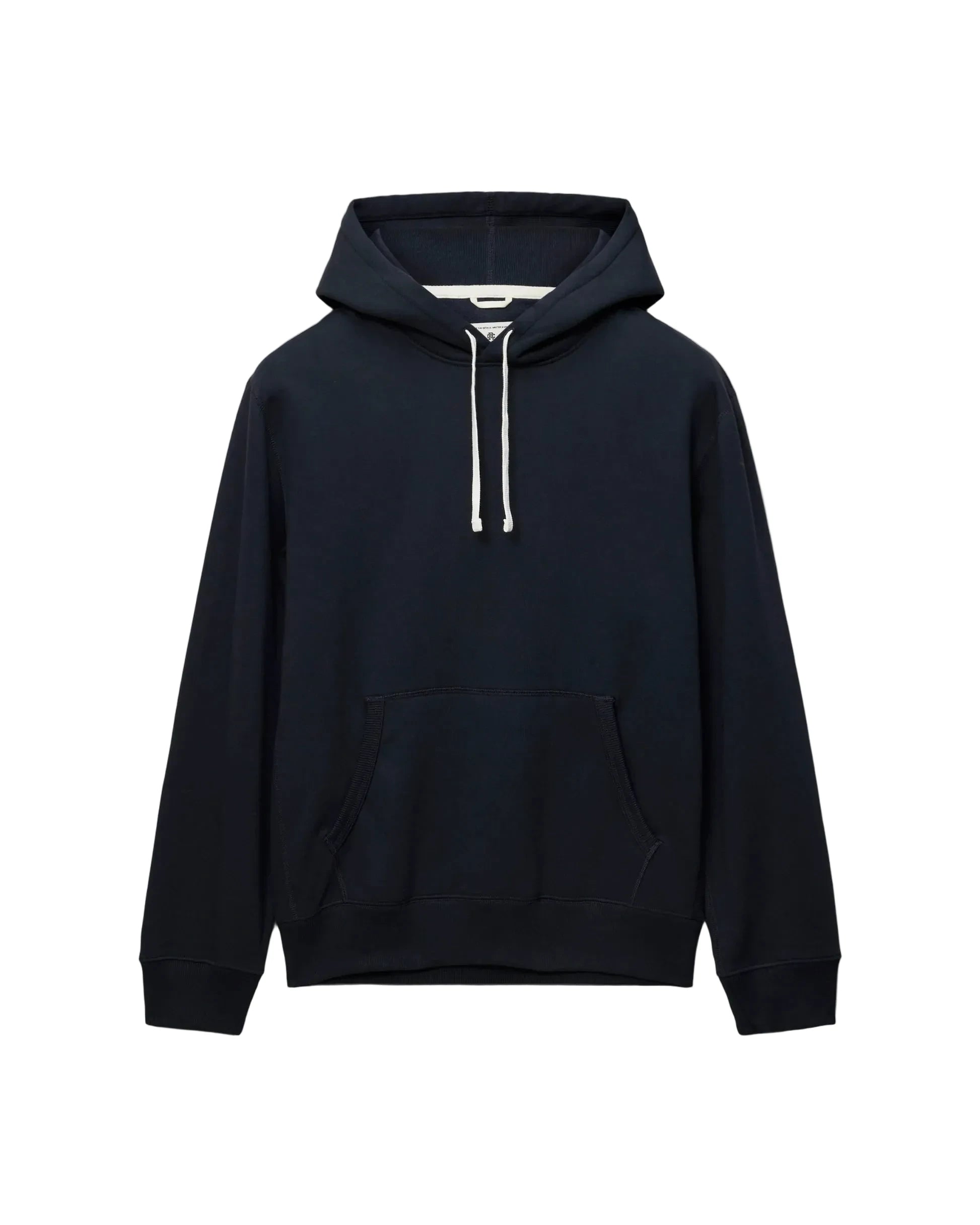 A dark navy blue pullover hoodie with white drawstrings, displayed flat against a light gray background.