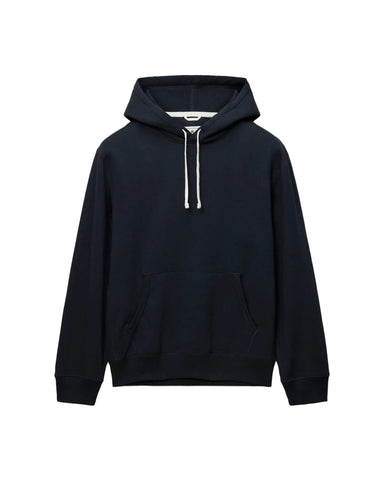 A dark navy blue pullover hoodie with white drawstrings, displayed flat against a light gray background.