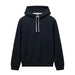 A dark navy blue pullover hoodie with white drawstrings, displayed flat against a light gray background.