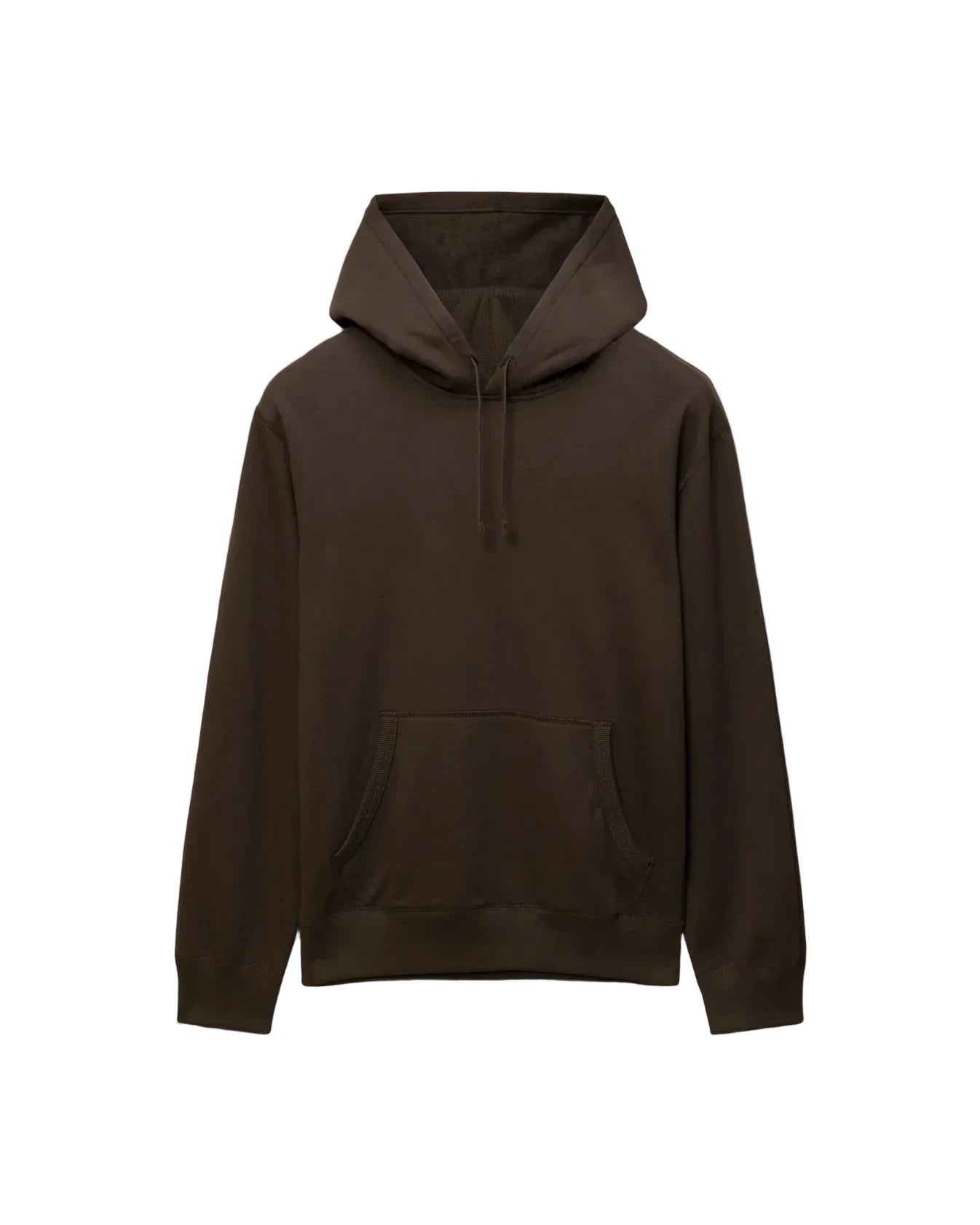 A dark brown pullover hoodie with a drawstring hood and a front kangaroo pocket, displayed on a clean light gray background.