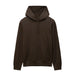 A dark brown pullover hoodie with a drawstring hood and a front kangaroo pocket, displayed on a clean light gray background.