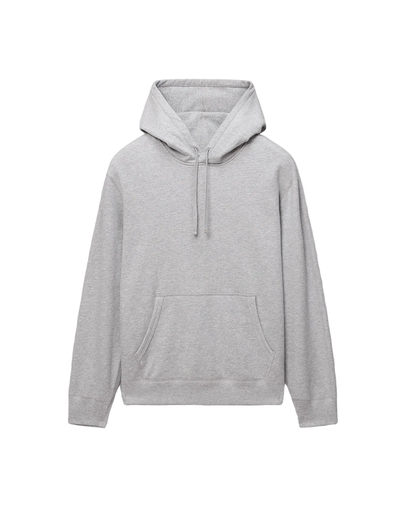 A light gray heather pullover hoodie with a front kangaroo pocket and drawstring hood, displayed against a light gray background.