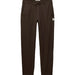 Dark brown jogger pants with an elastic drawstring waist and a small white brand tag on the left hip, shown flat against a light gray background.