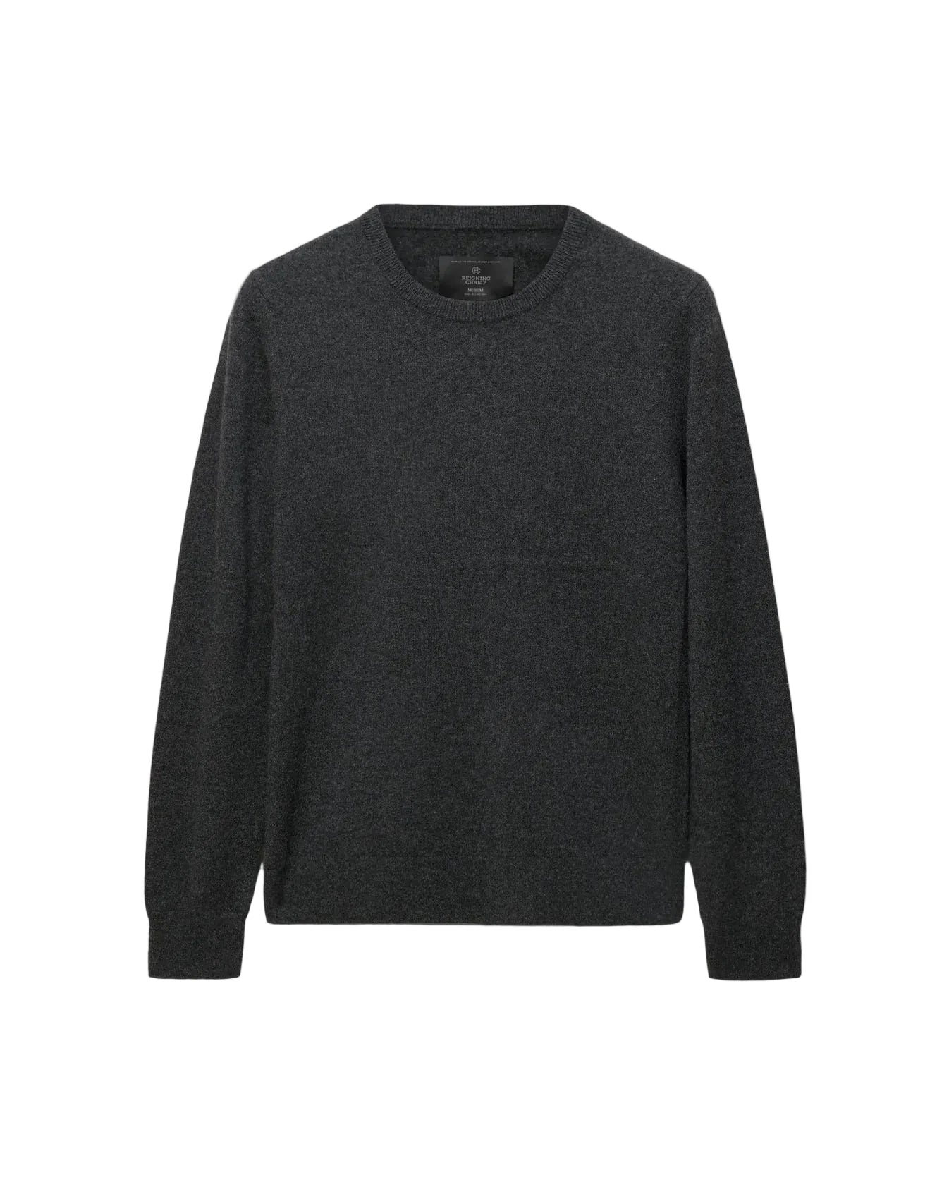 A dark charcoal gray long-sleeve crewneck sweater, presented flat against a light gray background.