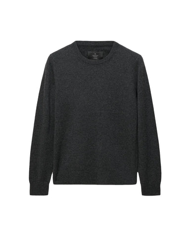 A dark charcoal gray long-sleeve crewneck sweater, presented flat against a light gray background.