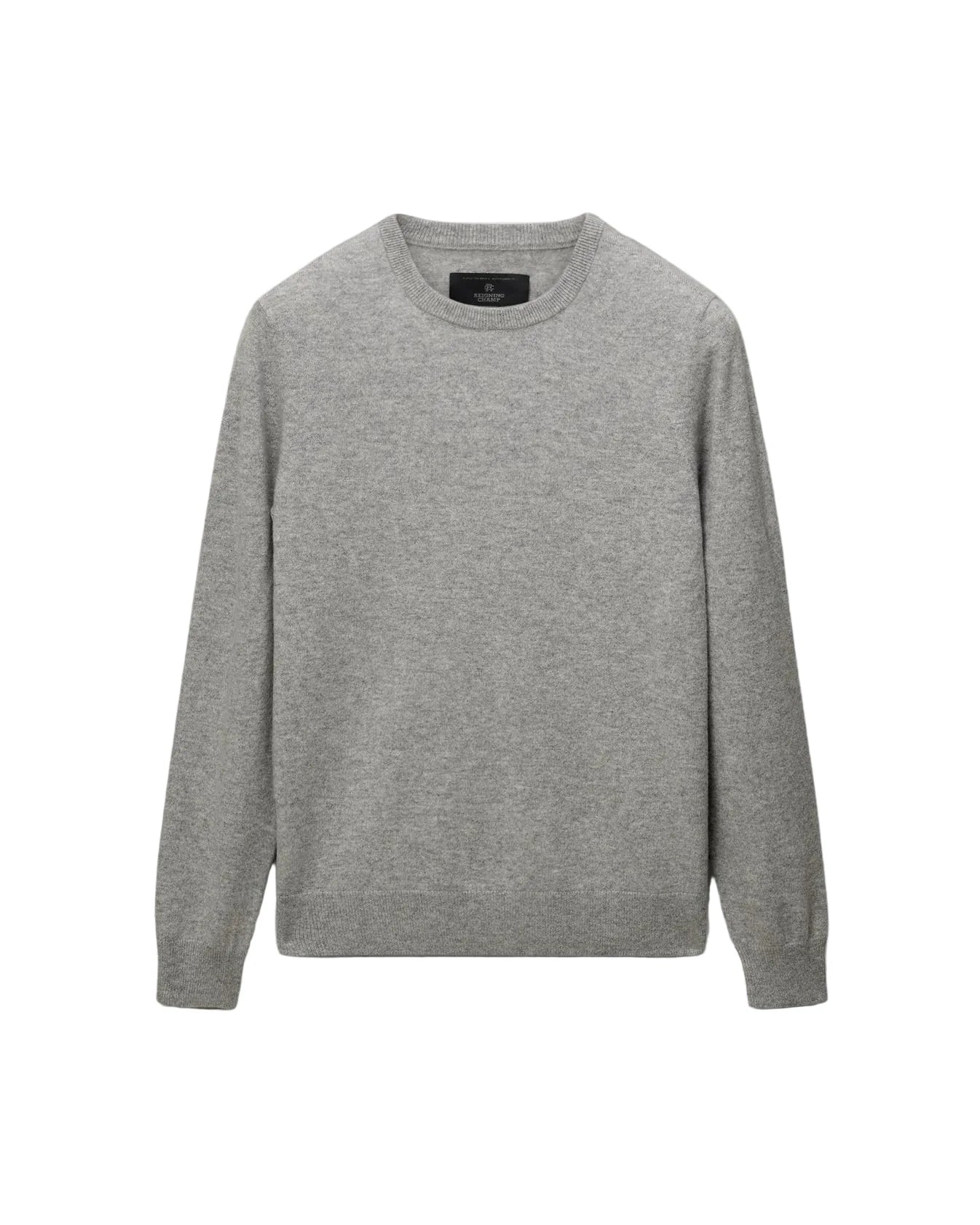 A light gray crewneck sweater with long sleeves, shown flat against a light gray background.
