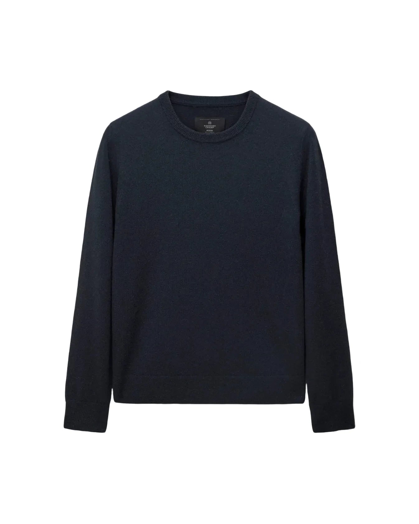 A dark navy blue crewneck sweater with long sleeves, displayed flat against a light gray background.