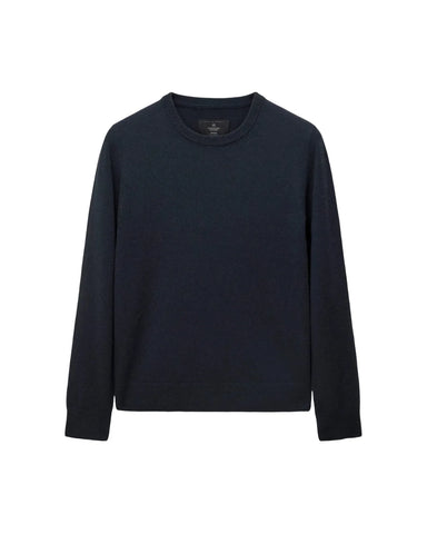 A dark navy blue crewneck sweater with long sleeves, displayed flat against a light gray background.