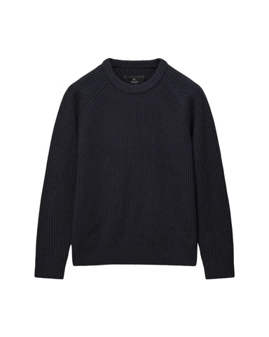 A dark navy ribbed knit crewneck sweater with raglan sleeves, displayed flat against a light gray background.