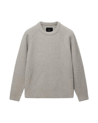 A light gray ribbed knit crewneck sweater with raglan sleeves, displayed flat against a light gray background.