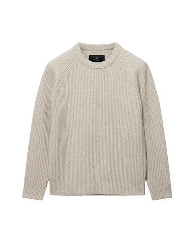 A light beige ribbed knit crewneck sweater with long sleeves, laid flat against a light gray background.