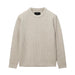 A light beige ribbed knit crewneck sweater with long sleeves, laid flat against a light gray background.