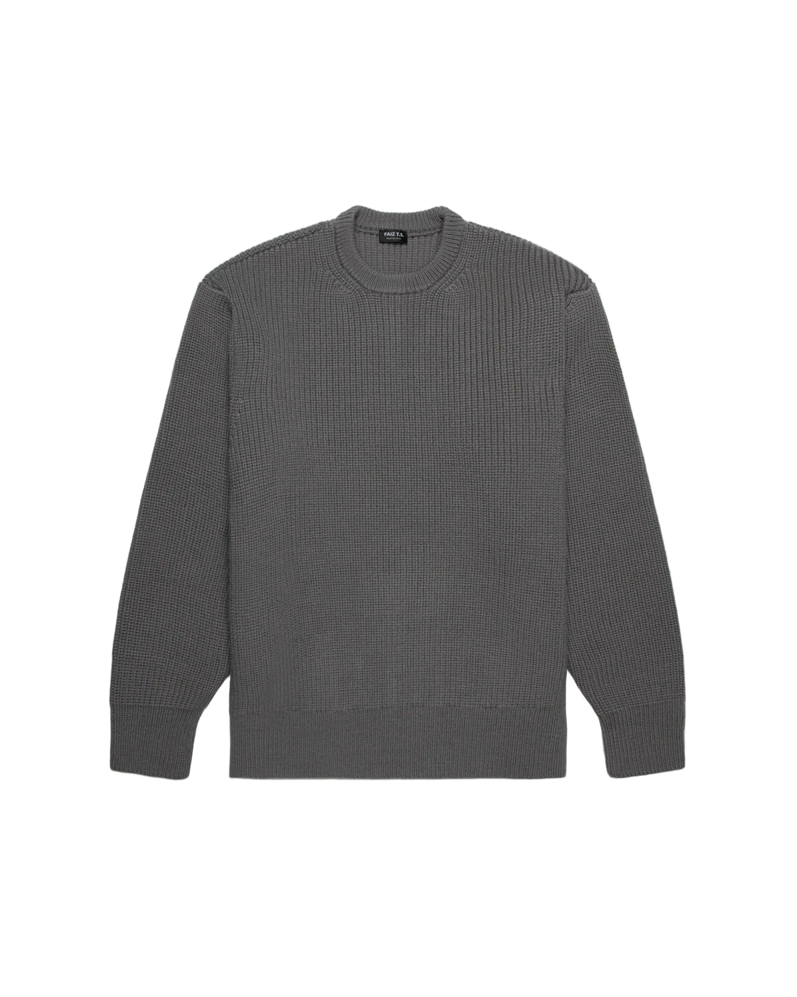 A dark gray ribbed knit crewneck sweater displayed flat against a light gray background.