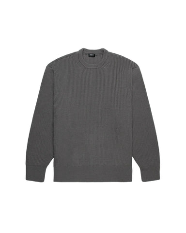 A dark gray ribbed knit crewneck sweater displayed flat against a light gray background.