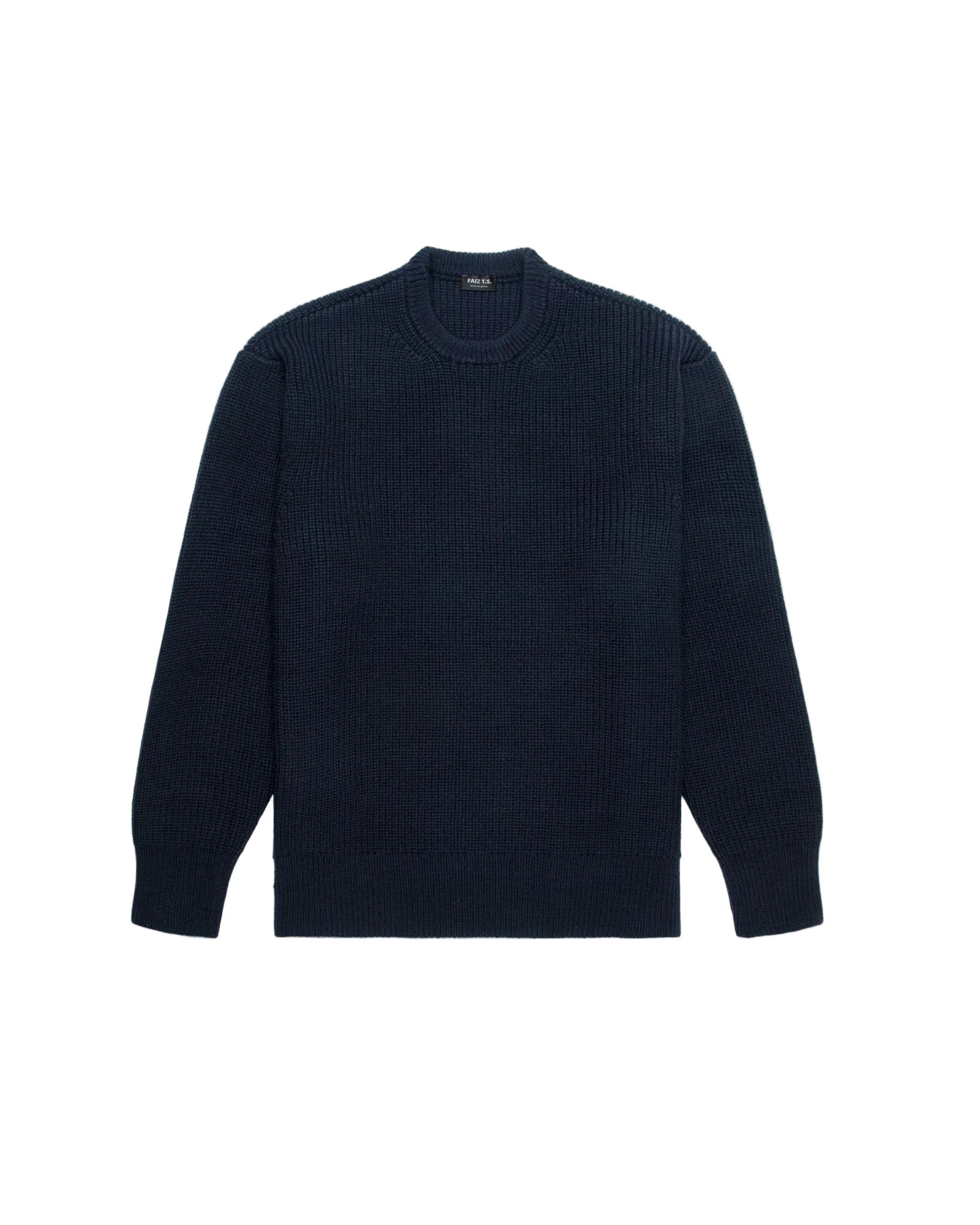A dark navy blue ribbed knit sweater with a crew neck, displayed flat against a light gray background.