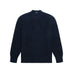 A dark navy blue ribbed knit sweater with a crew neck, displayed flat against a light gray background.