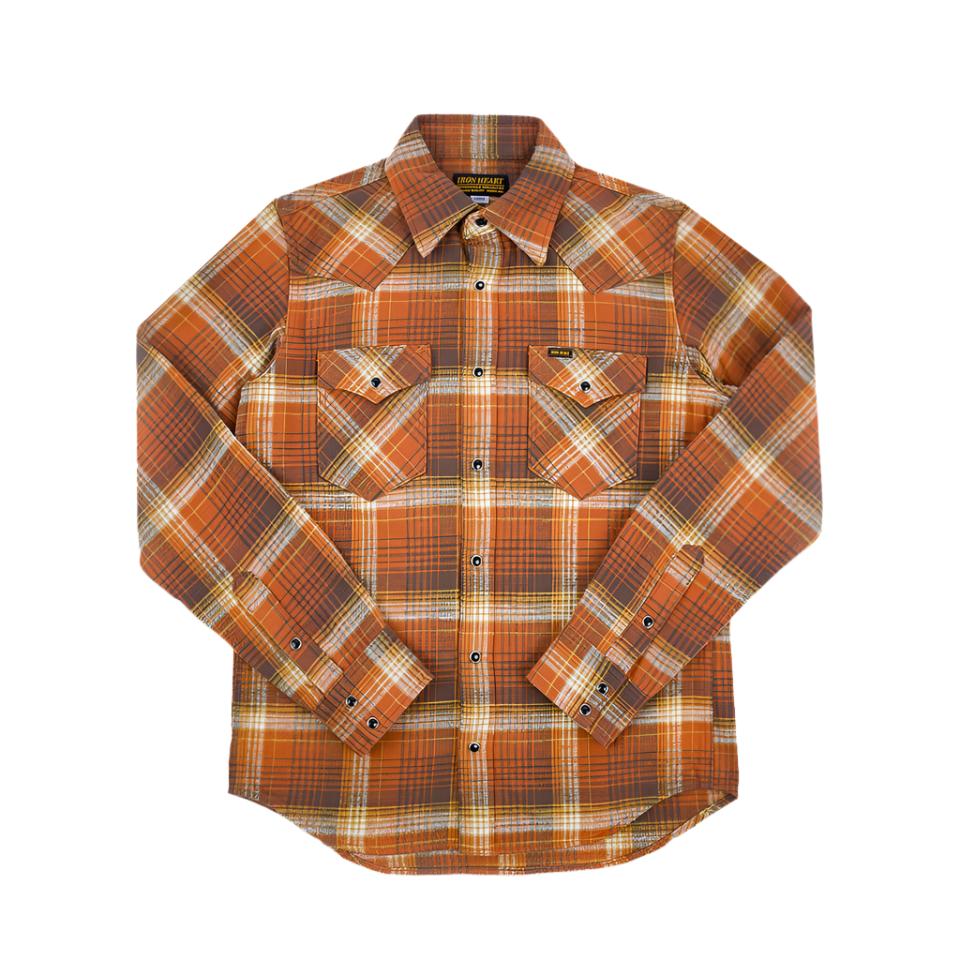 IHSH-399-ORA 12oz Slubby Heavy Flannel Check Western Shirt Orange