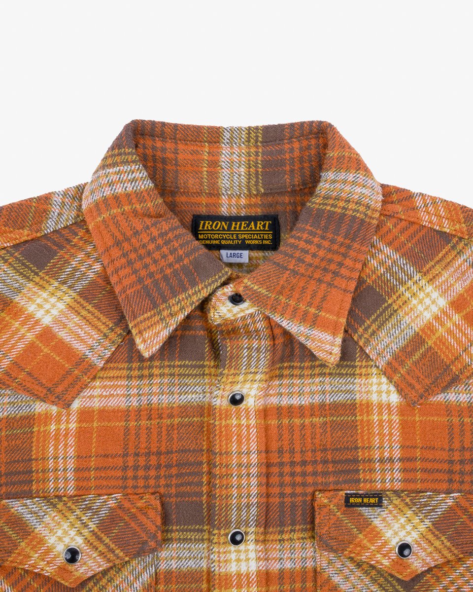 IHSH-399-ORA 12oz Slubby Heavy Flannel Check Western Shirt Orange