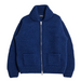 A navy blue chunky-knit zip-up cardigan sweater with a high ribbed collar, two front patch pockets, and a silver-tone zipper, shown flat on a white background.
