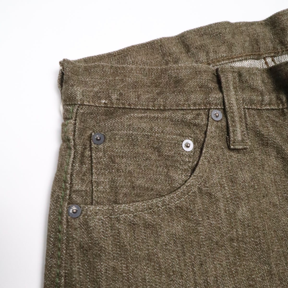 OL-14oz-019 14oz Selvedge Denim Relax Tapered Olive x White