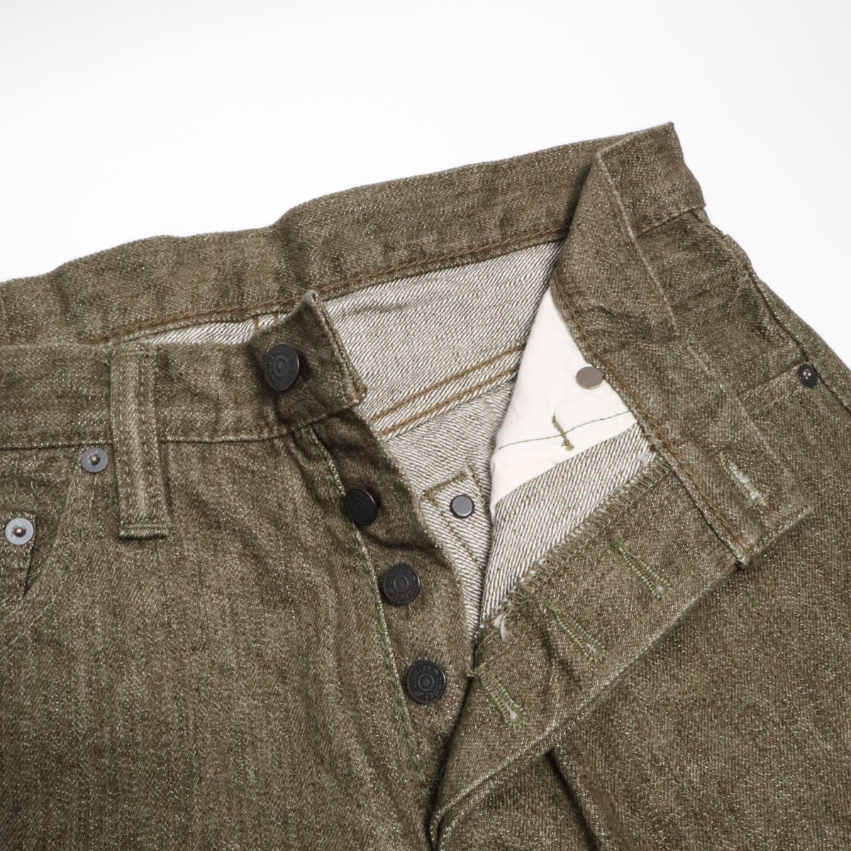 OL-14oz-019 14oz Selvedge Denim Relax Tapered Olive x White