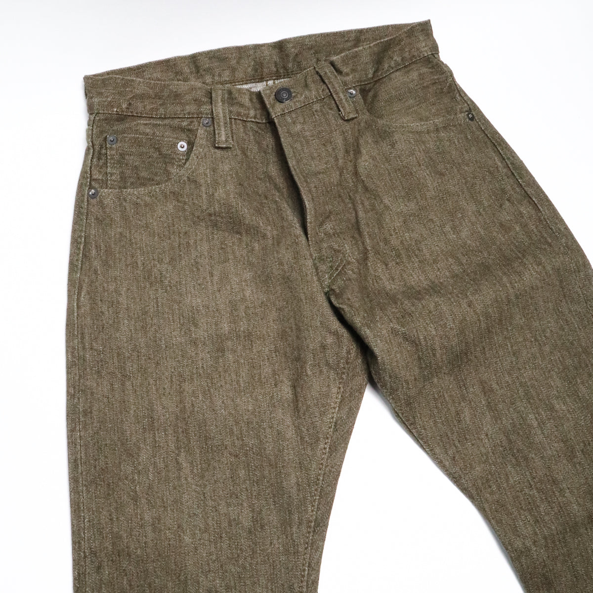 OL-14oz-019 14oz Selvedge Denim Relax Tapered Olive x White