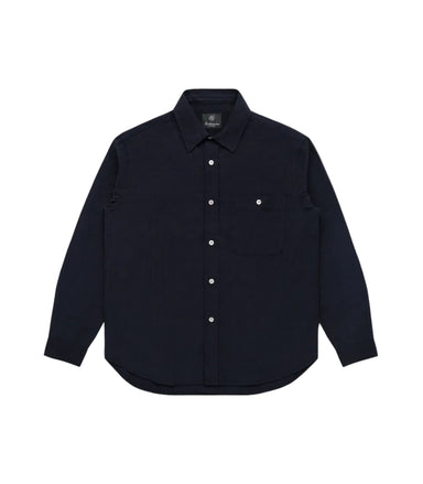 Black button-up shirt on a white background