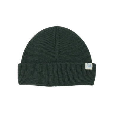A dark forest green ribbed knit beanie hat with a folded cuff and a small white brand tag on the side, shown against a plain white background.
