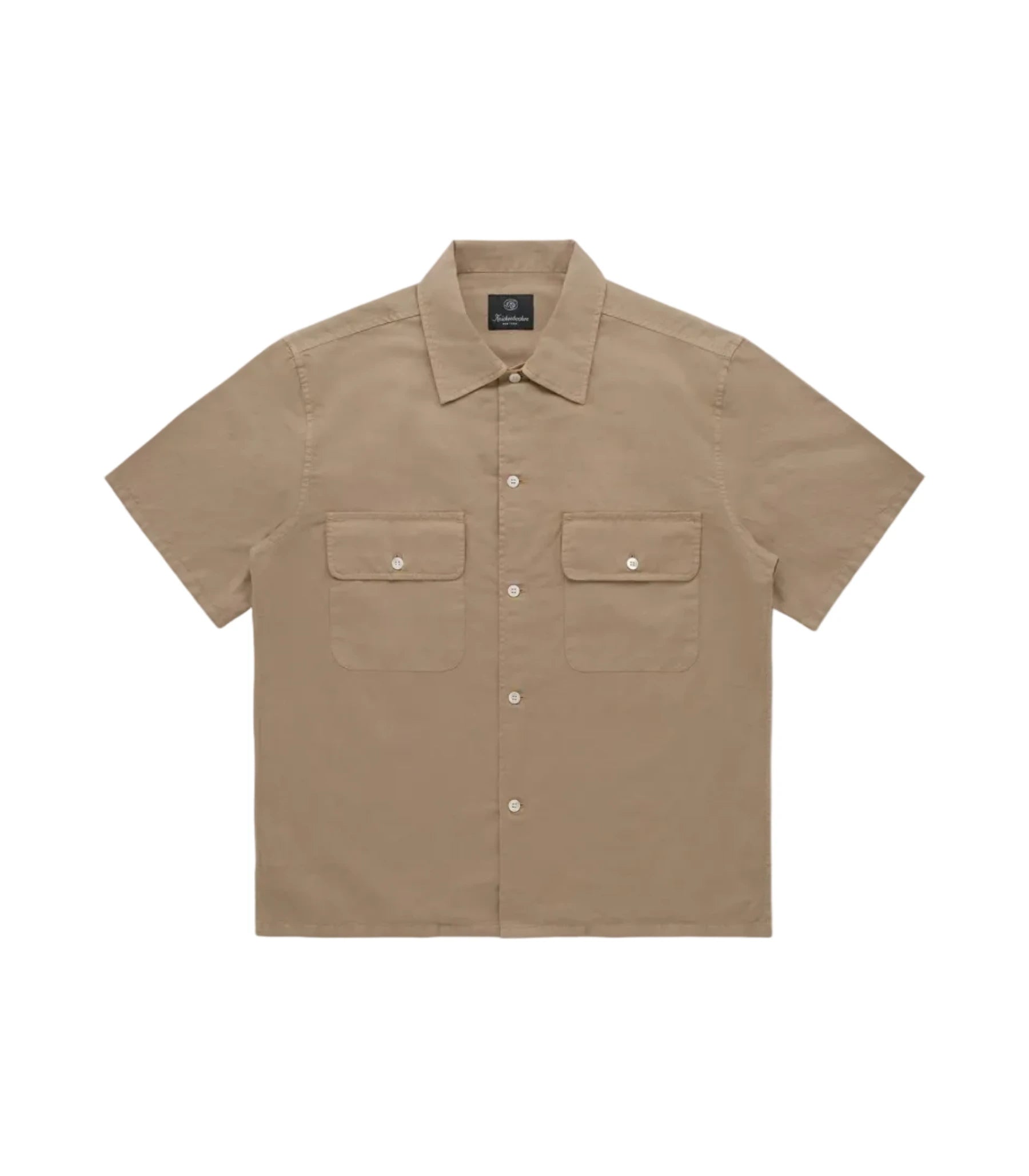 Beige short-sleeve shirt with button details on a white background