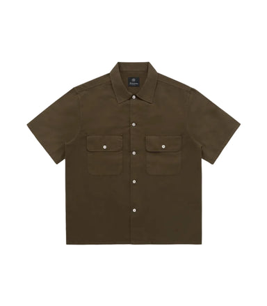 Brown short-sleeve shirt with two front pockets on a white background