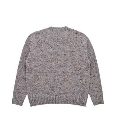 A long-sleeve knit sweater shown from the back, featuring a heathered gray and brown marled texture with ribbed cuffs and hem, set against a plain light gray background.