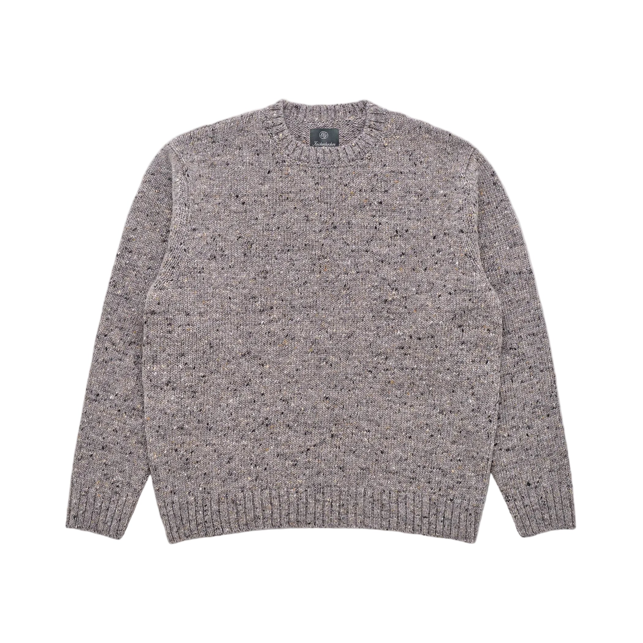 A long-sleeve crewneck knit sweater in a heathered gray and brown melange, shown flat against a light gray background.