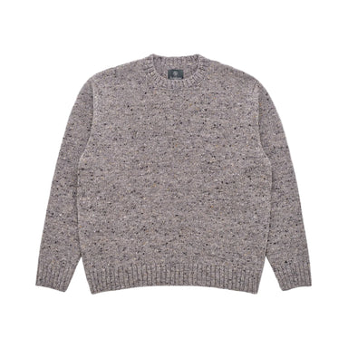 A long-sleeve crewneck knit sweater in a heathered gray and brown melange, shown flat against a light gray background.