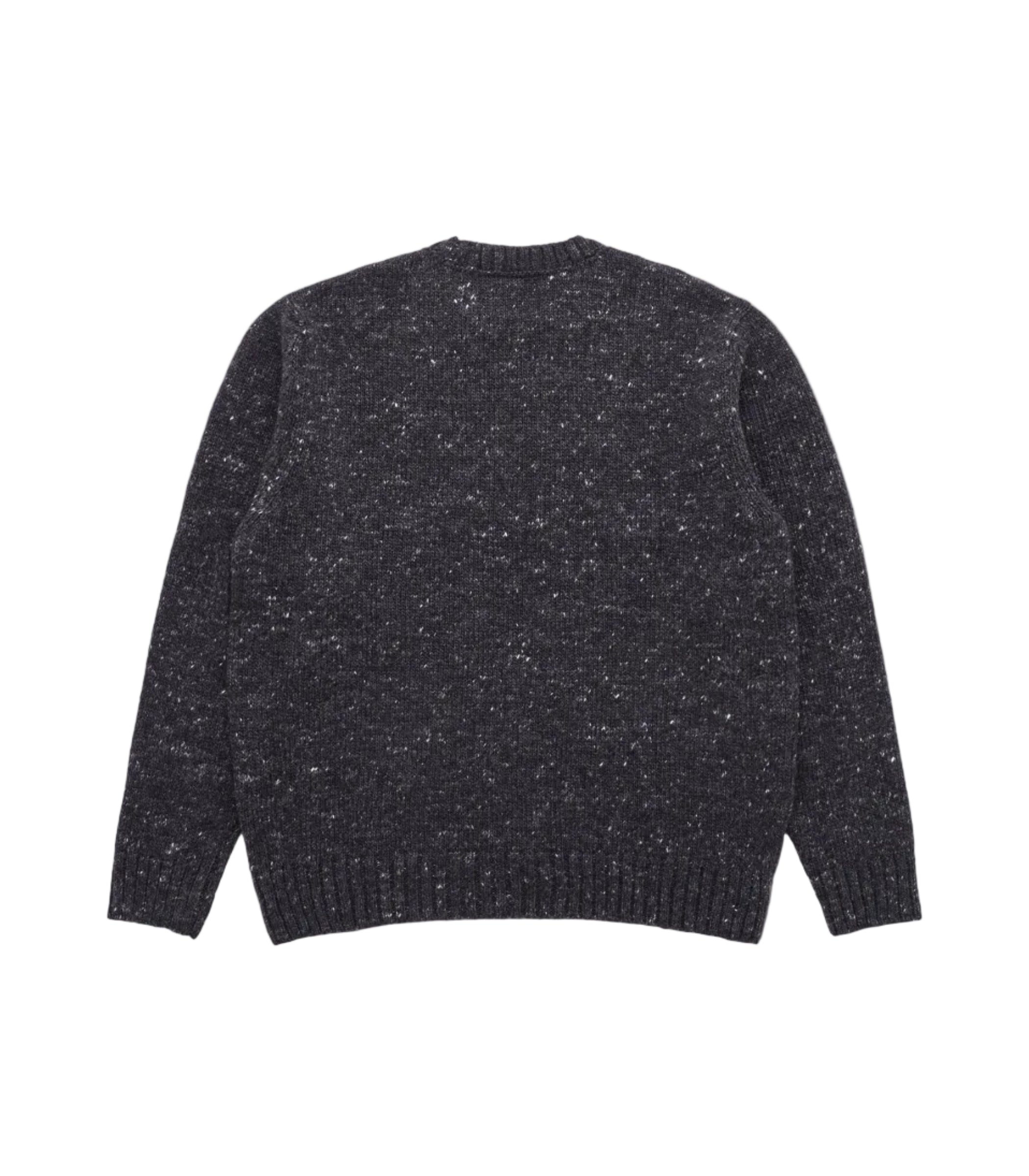 A dark charcoal gray knit sweater with subtle white flecks, shown from the back on a light gray background.